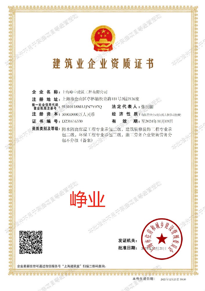 上海崢業(yè)建筑工程有限公司證書(shū)