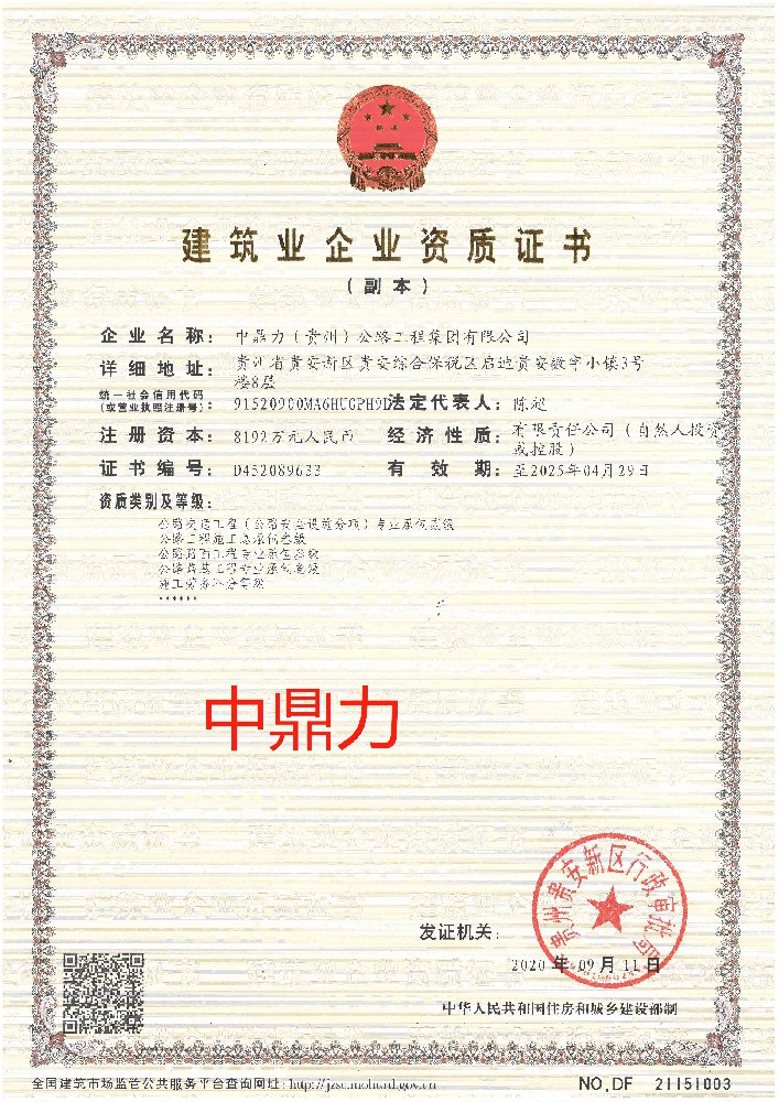 中鼎力（貴州）公路工程集團(tuán)有限公司證書